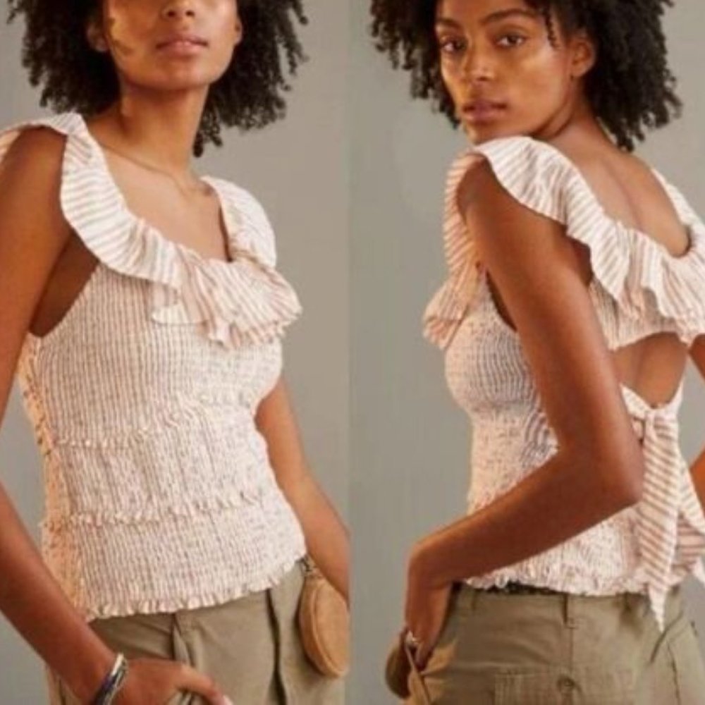 NWT Anthropologie Ruffle Neutral Striped Smocked Cut-Out Blouse XS  $90